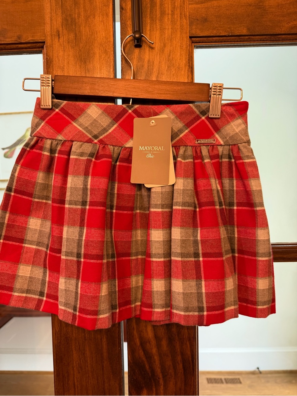 Mayoral Red and Gray Plaid Gathered Skirt